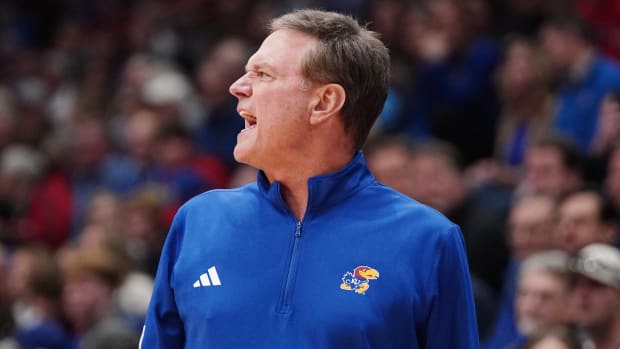 Nov 28, 2023; Lawrence, Kansas, USA; Kansas Jayhawks head coach Bill Self reacts to a play against the Eastern Illinois Panthers during the first half at Allen Fieldhouse. Mandatory Credit: Denny Medley-USA TODAY Sports  